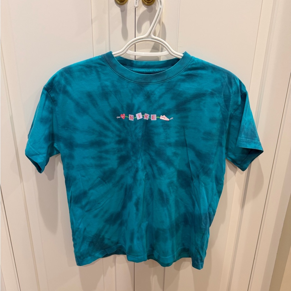 Nike Kids Teal Tie-Dye Short Sleeve Tee with Pink Logo